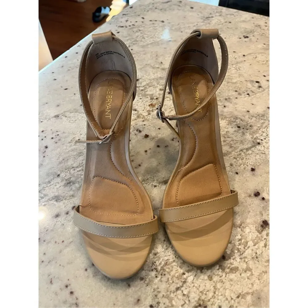 Lane Bryant Tan Faux Leather Ankle Strap Heeled Sandals sz 9W NWT